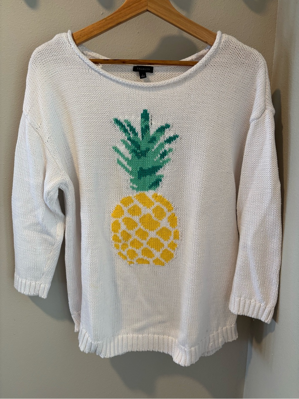 Talbots White Crewneck Sweater with Yellow & Green Pineapple